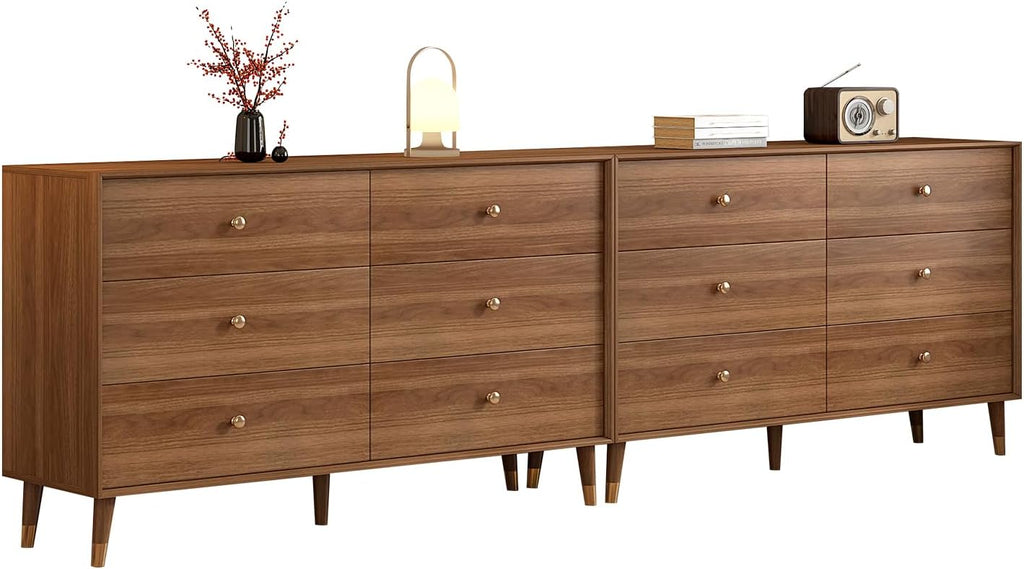 6 Drawer Dresser For Bedroom, 2 PCS 47 Inch Dresser for Closet with Walnut Frame, Modern Wood Chest of Drawers with Natural Texture & Pre-Embedded Slots For TV Stand, Living Room, Hallway, Office
