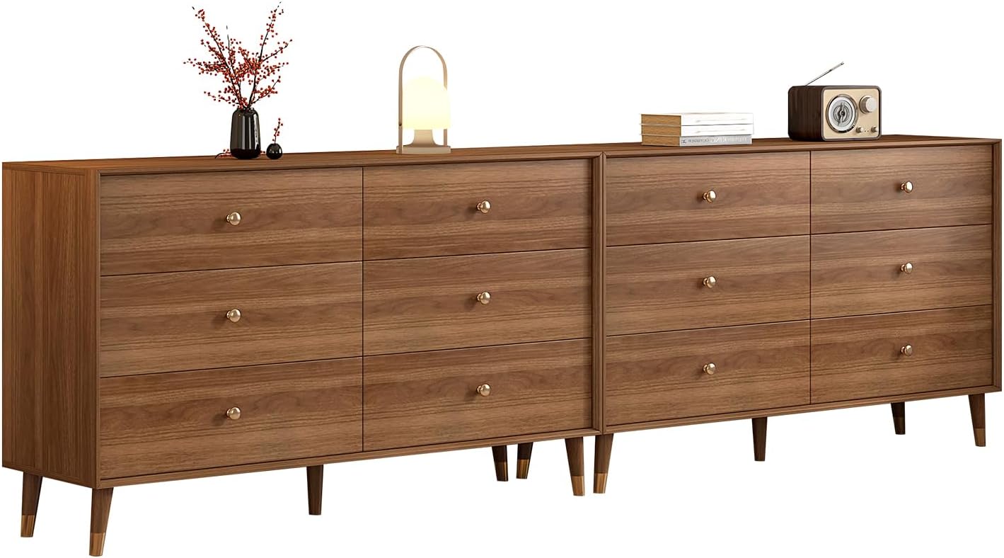6 Drawer Dresser For Bedroom, 2 PCS 47 Inch Dresser for Closet with Walnut Frame, Modern Wood Chest of Drawers with Natural Texture & Pre-Embedded Slots For TV Stand, Living Room, Hallway, Office