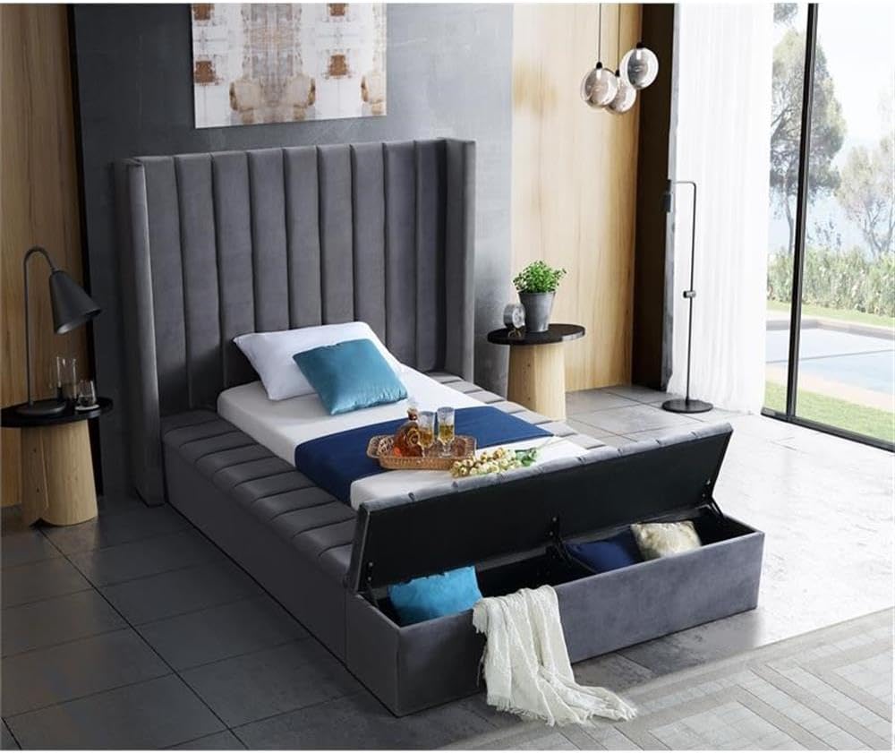 Meridian Furniture Kiki Collection Modern | Contemporary Velvet Upholsterd Bed with Channel Tufting, Siderails and Footboard Storage Compartments, Twin, Grey