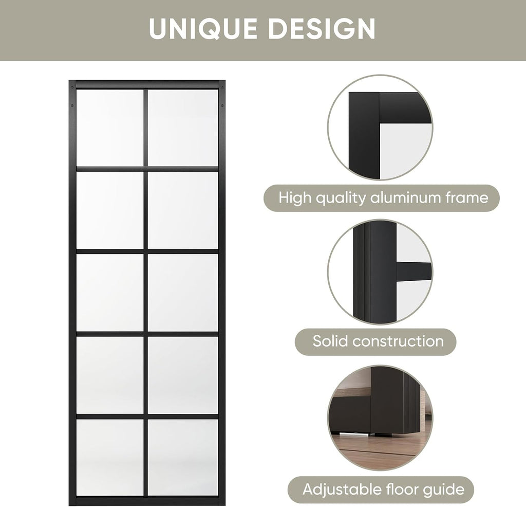 JUBEST DIY Glass Sliding Barn Door - 30in x 84in Modern French 5-Lite Clear Tempered Glass Aluminum Frame Sliding Closet Kitchen Door - Easy Assembly