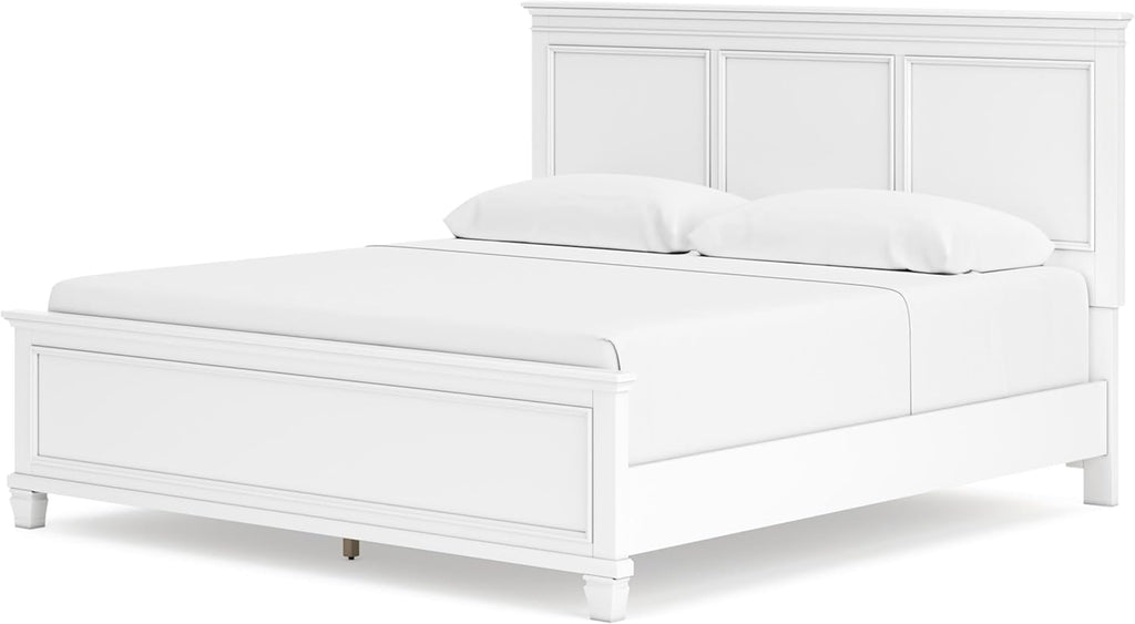 Signature Design by Ashley Fortman Transitional King Panel Bed with Tapered Feet, Foundation or Box Spring Needed, White