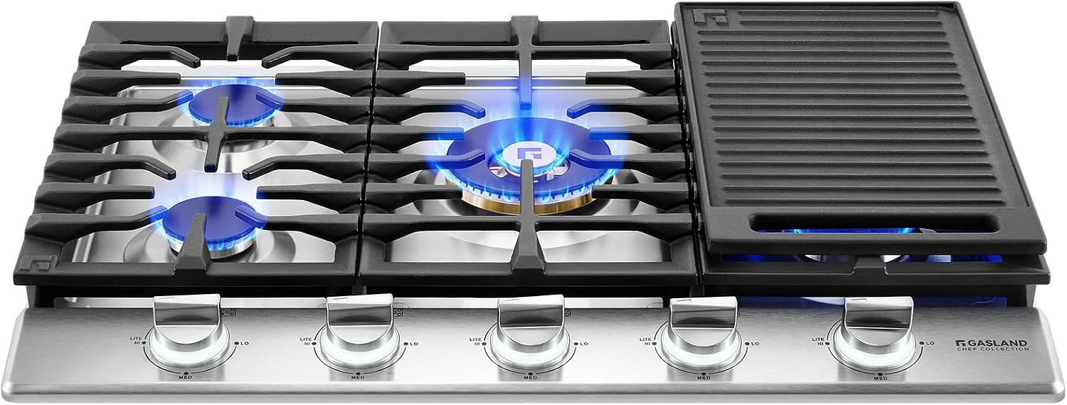 GASLAND Chef Collection 30 Inch Gas Cooktop, GH4305SF 5 Italy Burner Propane Stovetop with Backlit LED Knobs, Dishwasher Safe Grates, Reversible Cast Iron Grill/Griddle, NG/LPG Convertible, 120V