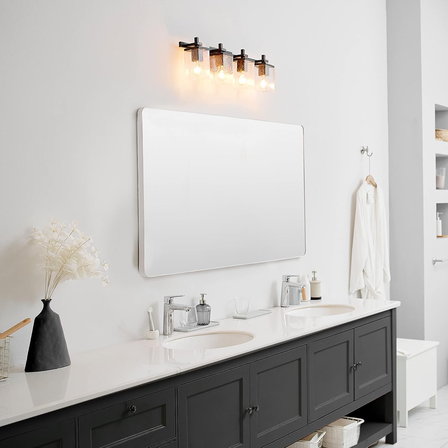 GLOBE Electric 52089 Dakota 4-Light Vanity Light, Matte Black, Seeded Glass Shades