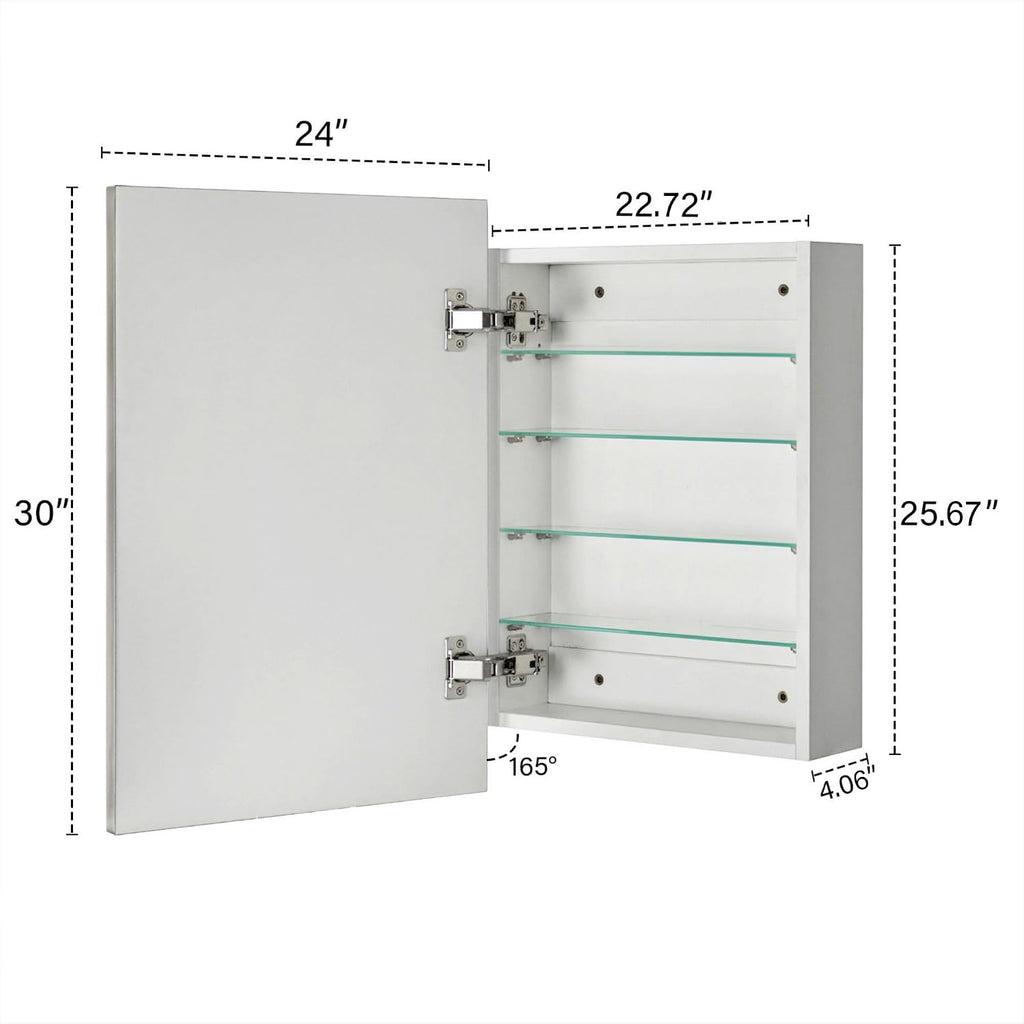 TEHOME 24'' x 30'' Brushed Nickel Recessed and Surface Mount Bathroom Nickel Medicine Cabinet with Mirror Square Cornered Metal Framed Rounded Rectangle Medicine Cabinet Mirror