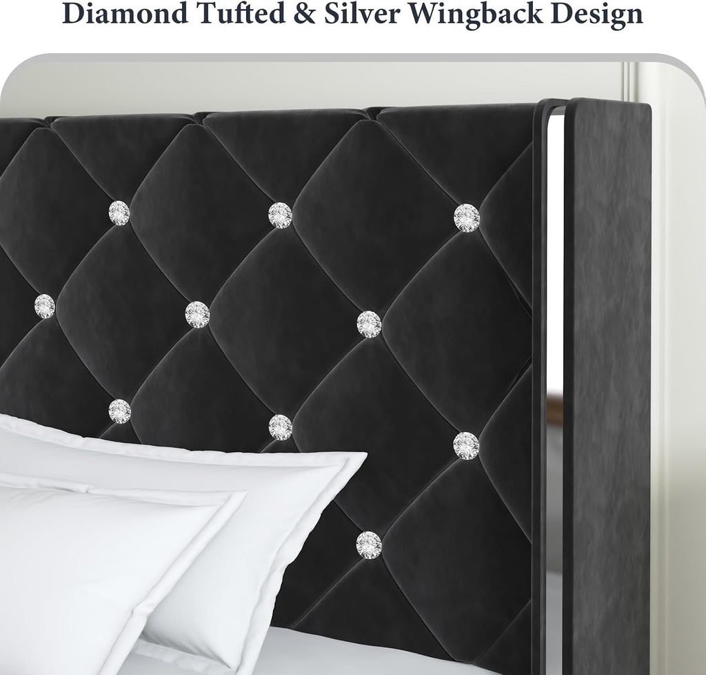 Lullabyre Full Size Bed Frame, Upholstered Bed Frame with Diamond Tufted Headboard, Modern Silverside Wingback, No Box Spring Needed, Easy Assembly, Black