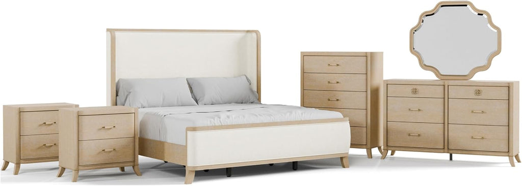 Furniture of America Saries Transitional Solid Wood 6-Piece Queen Panel Bedroom Set with USB Ports, Shelter Padded Headboard, Soft Curved Edges, Box Spring Needed, Natural Oak