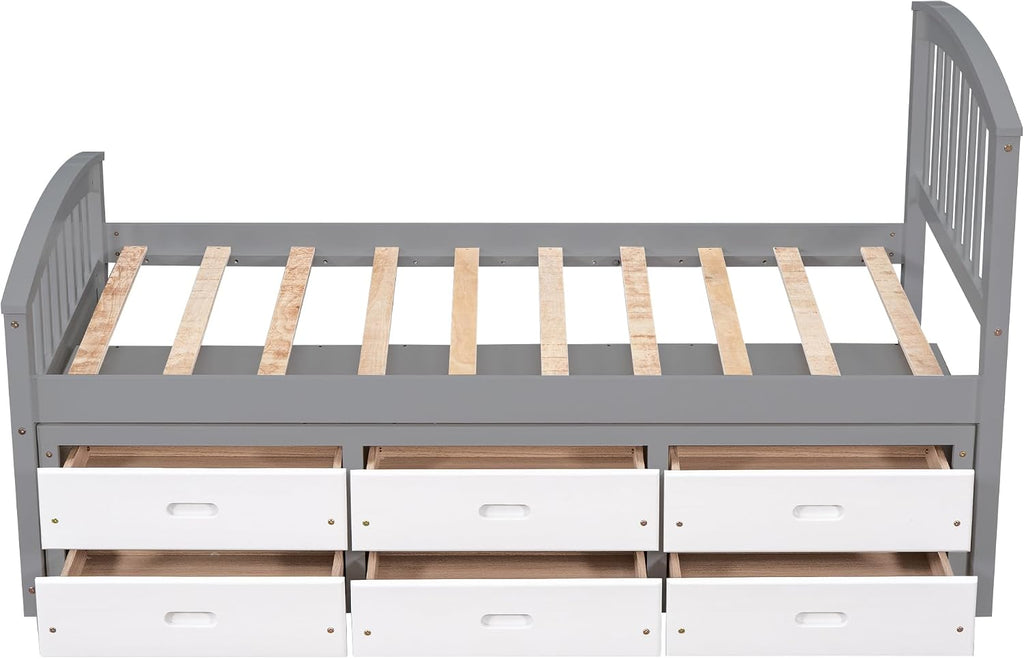 Merax Twin Size Platform Storage Bed Solid Wood Bed with 6 Drawers, Grey+ White