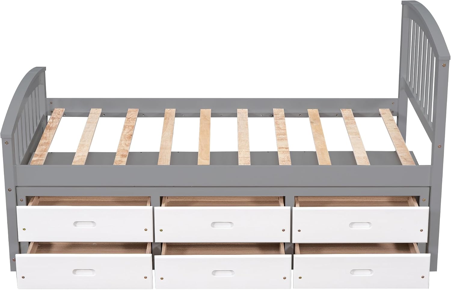 Merax Twin Size Platform Storage Bed Solid Wood Bed with 6 Drawers, Grey+ White