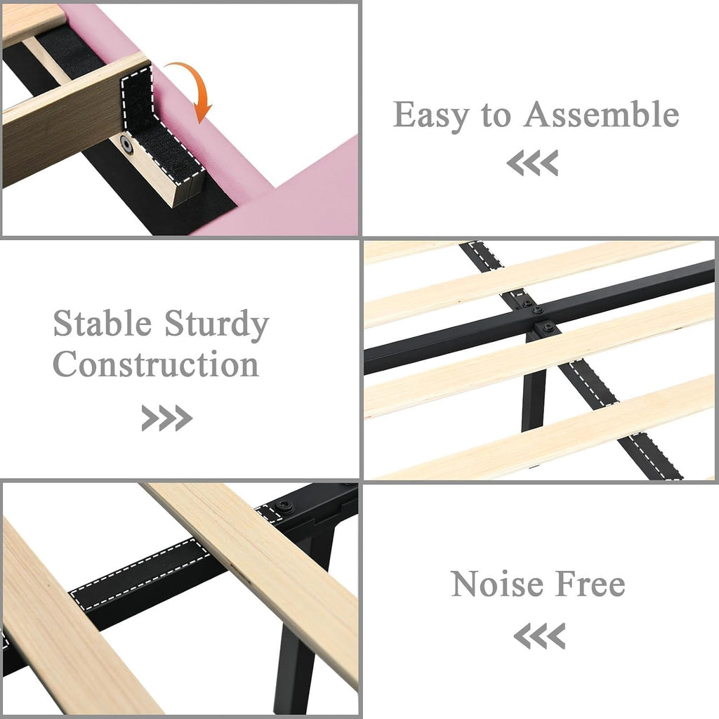 HOMBCK Full Size Bed Frame with Diamond Headboard, Full Bed Frame with Velvet Headboard and Footboard, Upholstered Platform Bed with Wooden Slats, No Box Spring Needed, Easy Assembly, Pink