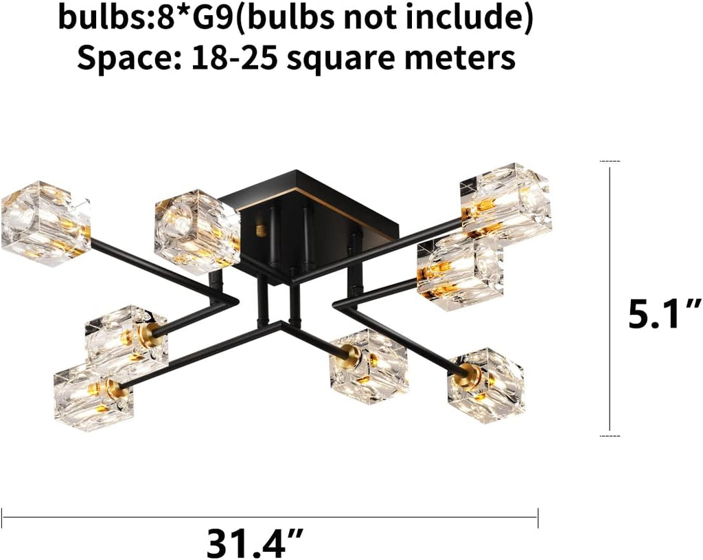 8-Lights Semi Flush Mount Ceiling Light Fixture,Black and Gold Modern Crystal Chandeliers,Farmhouse Lighting Fixtures for Dining Room Living Room Kitchen Bedroom Entryway