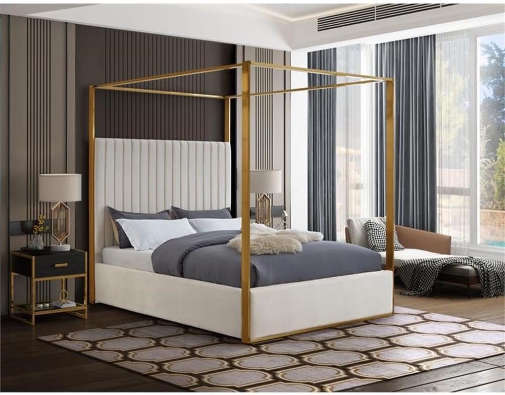 Meridian Furniture JonesCream-Q Jones Collection Modern | Contemporary Upholstered Queen Bed, Cream Velvet, Channel Tufting, Brushed Brass Frame, 66.5' W x 86.5' D x 79' H, Cream, Queen