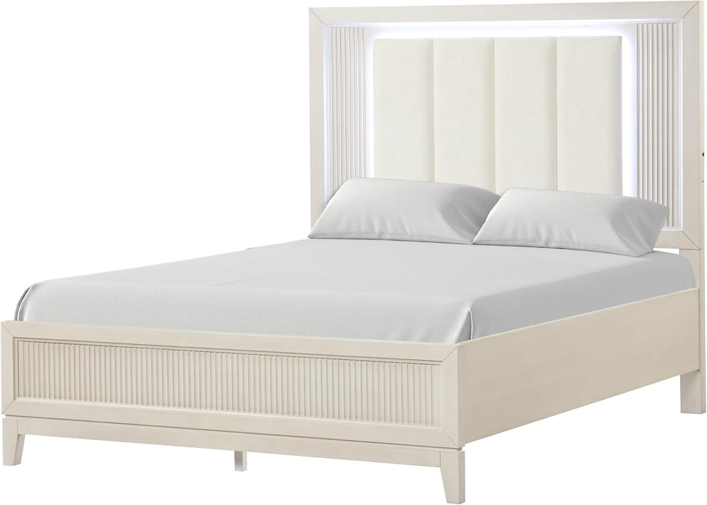 Furniture of America Oberlin Modern Solid Wood 6-Piece Bedroom Set with LED on Padded Fabric Headboard, Vertical Channel Tufting, Chrome Finger Pulls, Box Spring Needed, Queen, Antique White