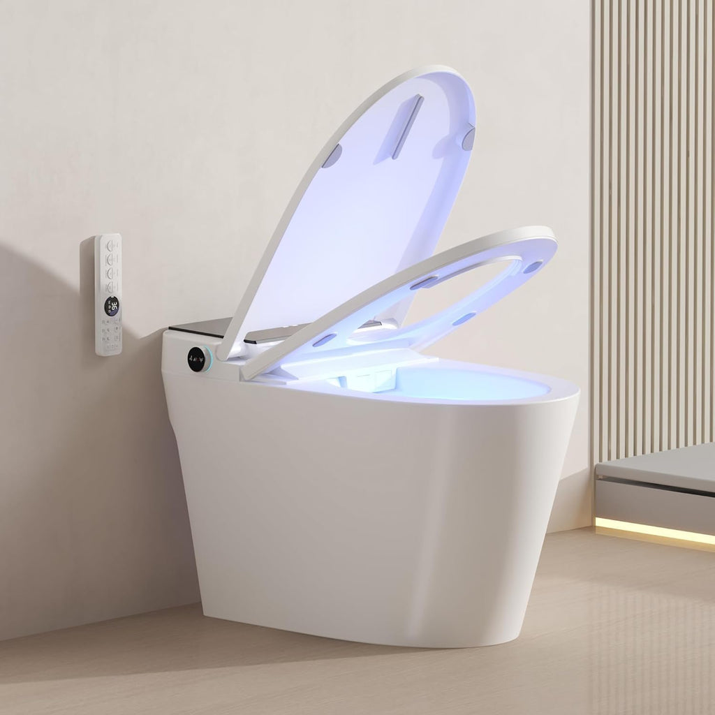 Smart Toilet with Bidet Built-In and Tank – Foam Shield, Heated Seat, Dual Flush, Warm Water & Dryer, Mutiple Clean Modes, Foot Sensor, Night Light, and Wireless Remote Control