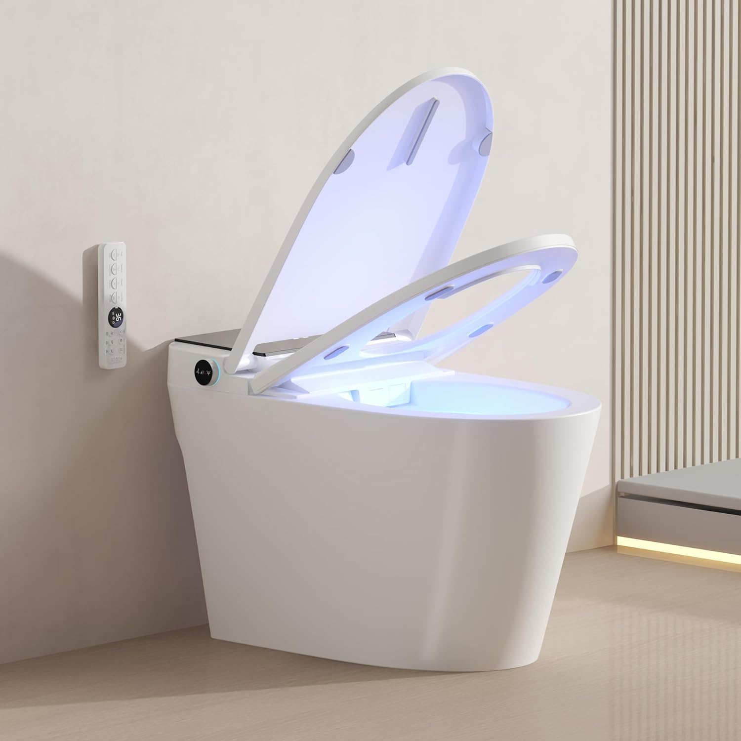 Smart Toilet with Bidet Built-In and Tank – Foam Shield, Heated Seat, Dual Flush, Warm Water & Dryer, Mutiple Clean Modes, Foot Sensor, Night Light, and Wireless Remote Control