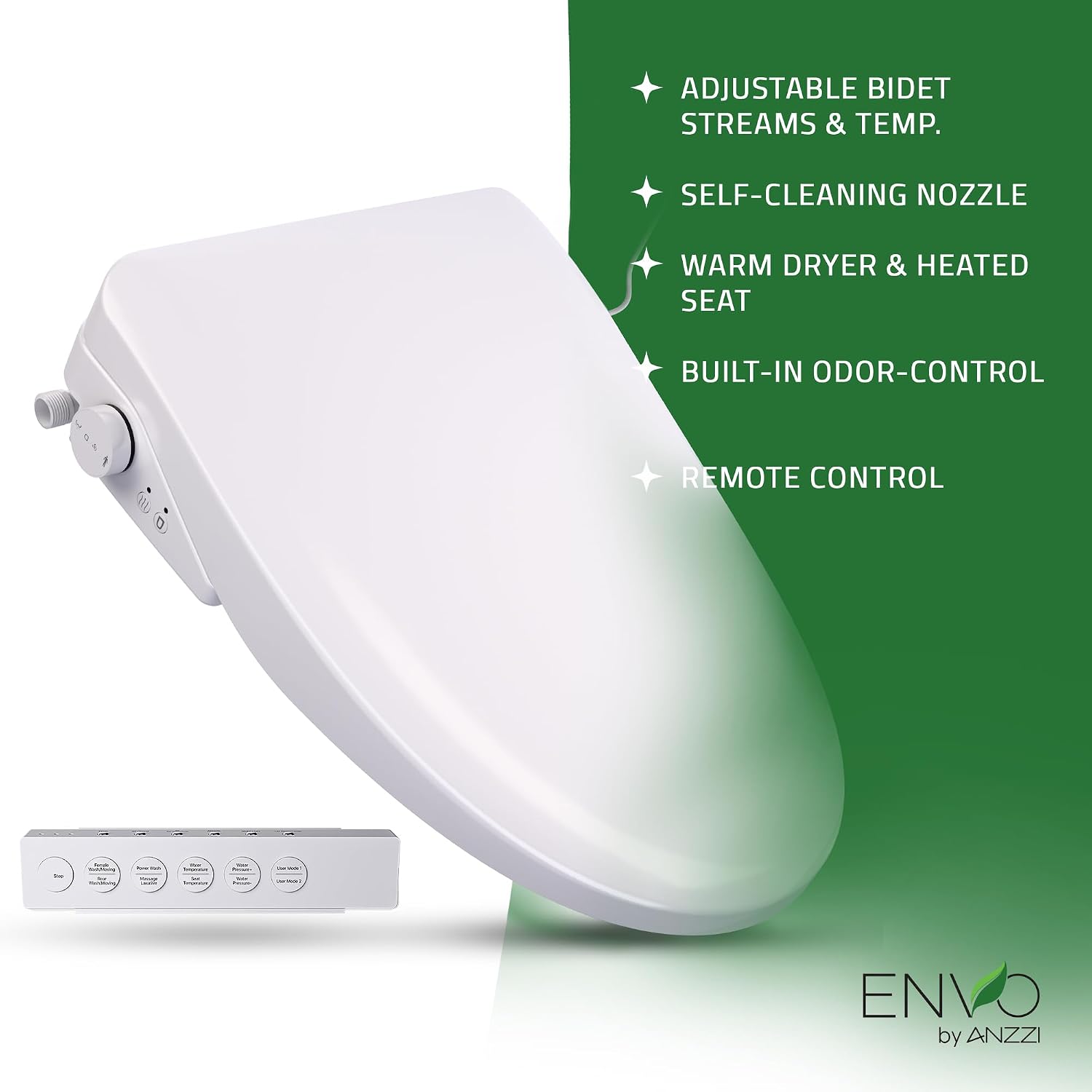ANZZI Smart Bidet Seat with Heated Seat, Warm Water, Rear and Lady Wash, Air Dryer, Self Cleaning Nozzle, and Wireless Remote