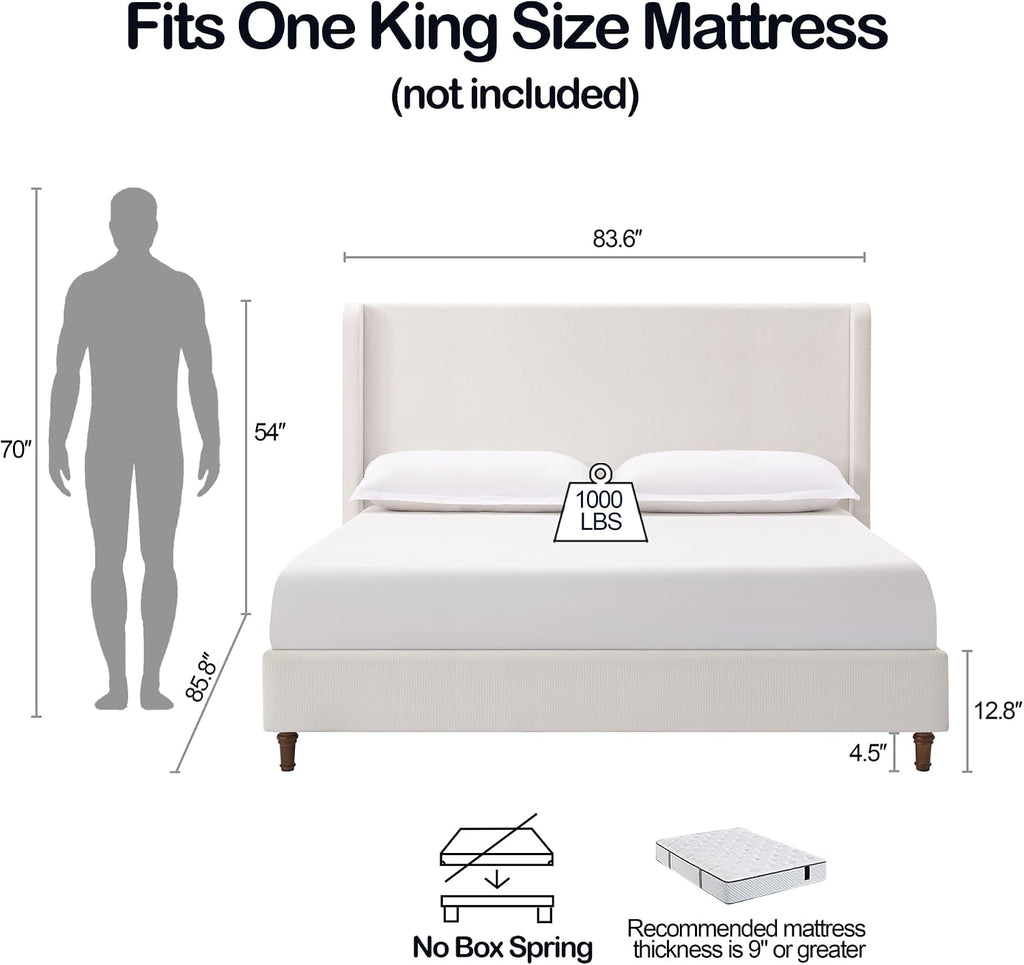 King Size Chenille Bed Frame with 54' Tall Headboard - Cream White Wingback Upholstered Platform Bed Elegant Simplicity Bedroom Furniture Strong Mattress Wood Slats Support No Box Spring Needed