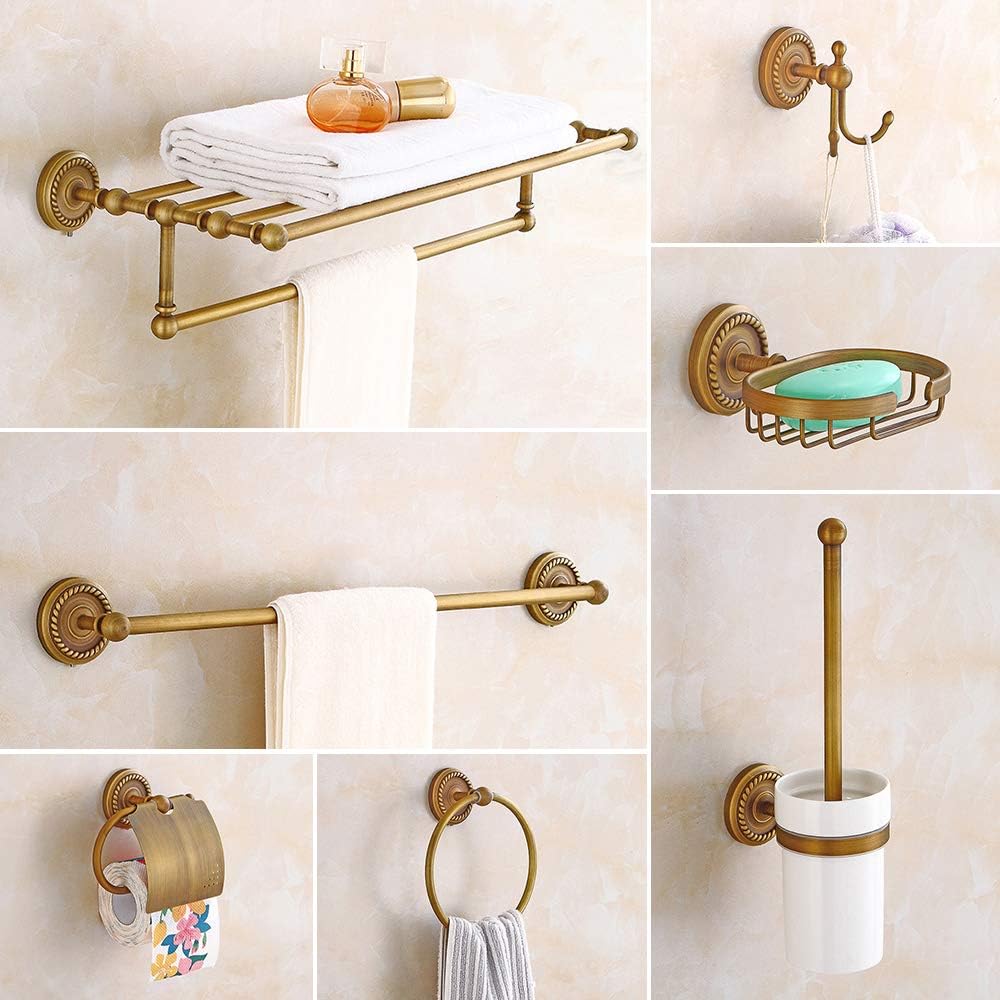 Bathroom Hardware Set, Wall Mount Towel Rack Kit for Family Needs, Includes Single Pole, Hand Towel Rack,Toilet Paper Holder, Brush Paper Holder, Soap Holder,Towel Ring, Hook (Vintage Copper 7pcs)