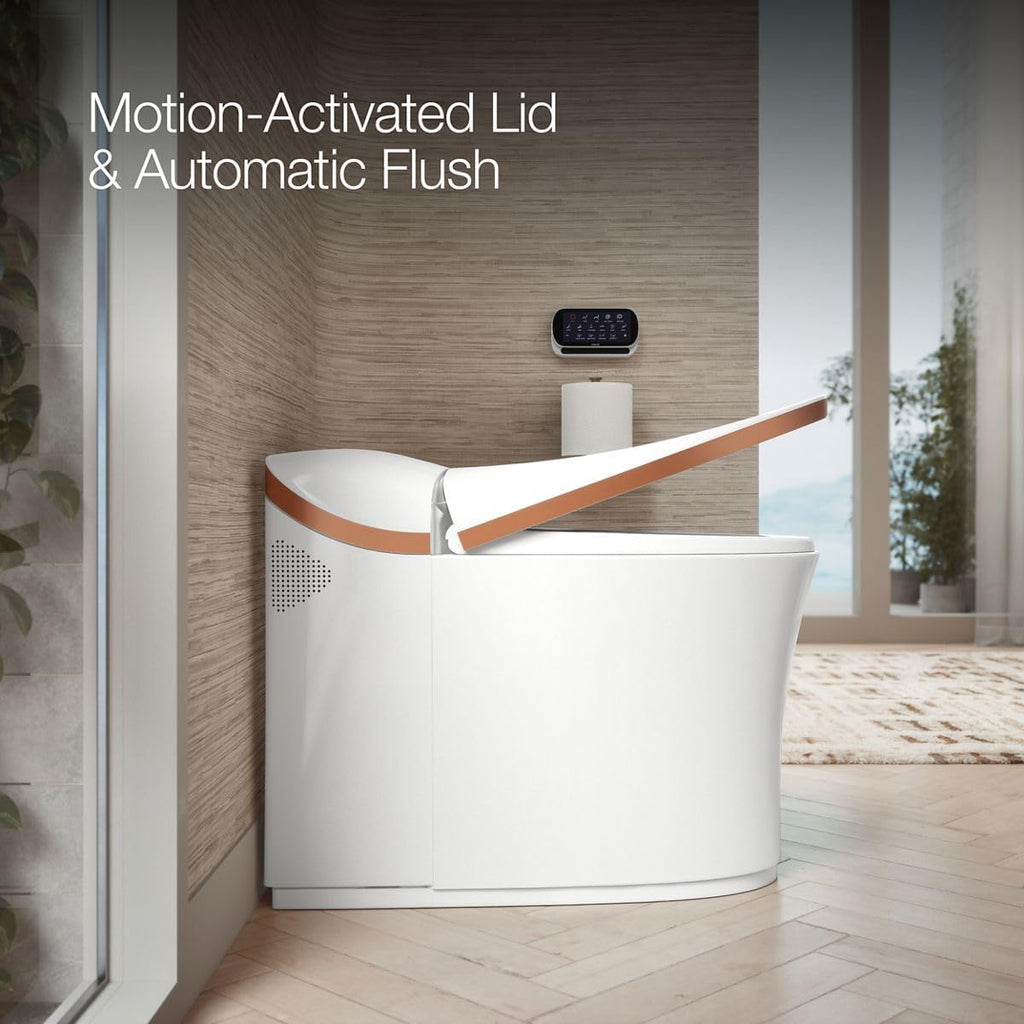KOHLER K-77795-0SG Eir Comfort Height One-Piece Elongated, Dual-Flush, Smart Toilet with Bidet Built In, White with Sunrise Gold Trim