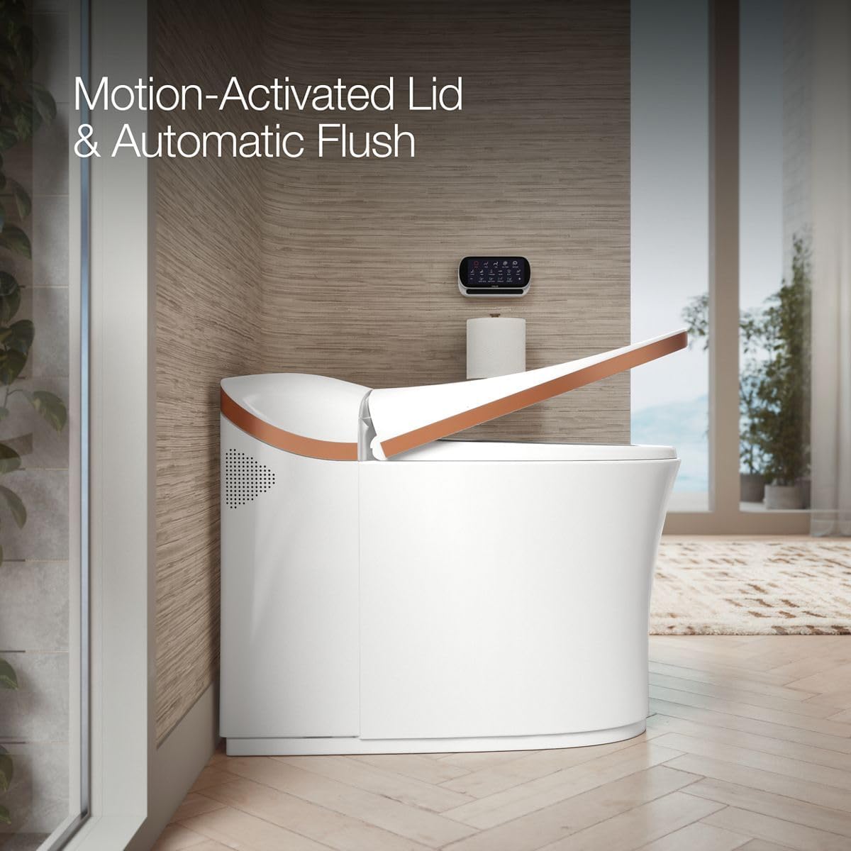 KOHLER K-77795-0SG Eir Comfort Height One-Piece Elongated, Dual-Flush, Smart Toilet with Bidet Built In, White with Sunrise Gold Trim