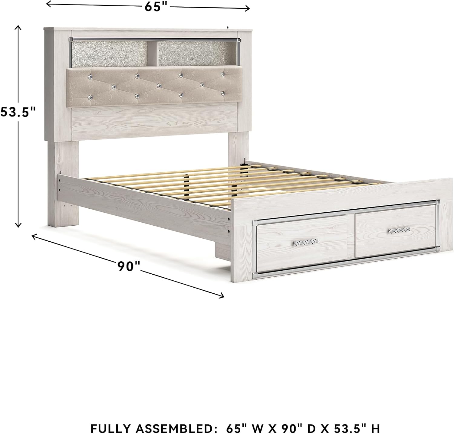 Signature Design by Ashley Altyra Contemporary Tufted Queen Upholstered Bookcase Platform Bed with LED Lights and 2 Drawers, Foundation or Box Spring Not Needed, White & Gray