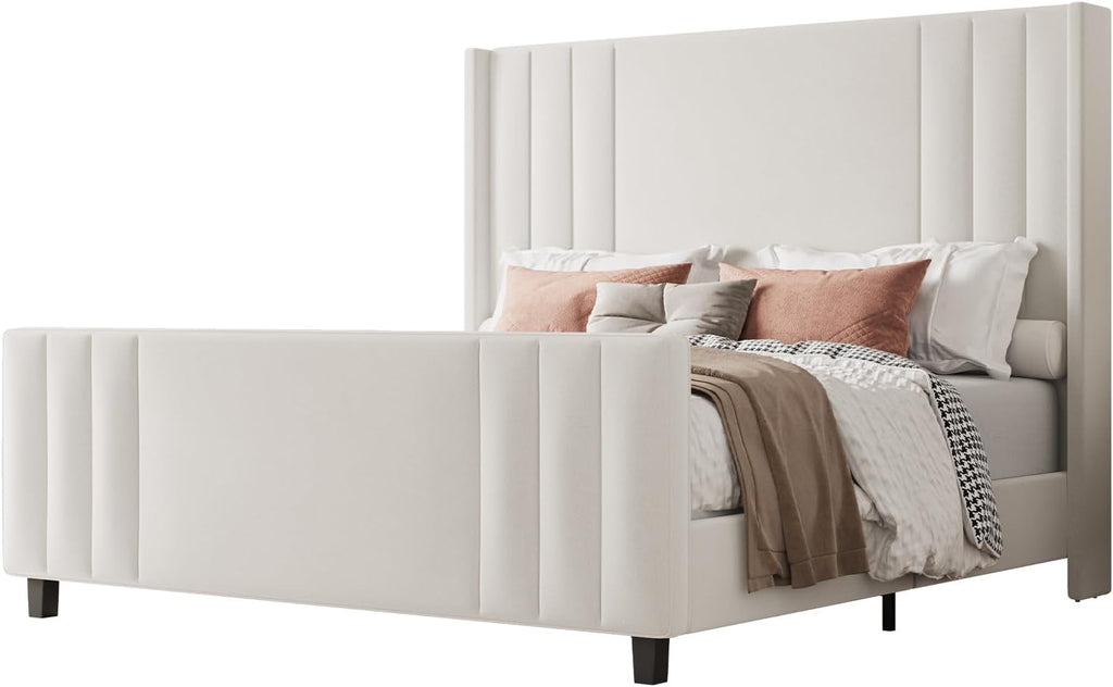 Albott King Size Platform Bed Frame, Upholstered Bed with Vertical Channel Tufted Wingback Headboard & Footboard, Premium Velvet, No Box Spring Needed, Cream