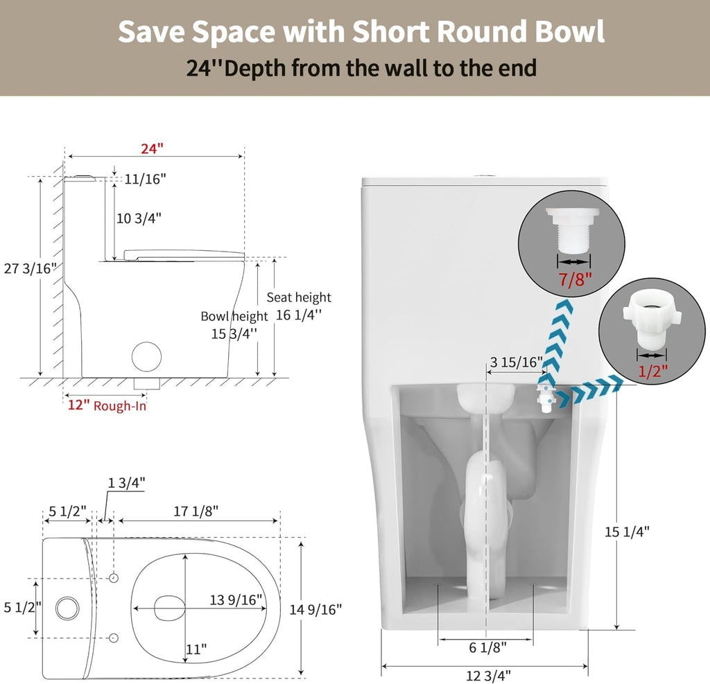 Casta Diva Compact One Piece Toilet for Small Bathroom, Round Modern Skirted Toilet with Soft Close Seat, Space Saving, 12'' Rough-in, High Efficiency Dual Flush and MAP 1000g, White