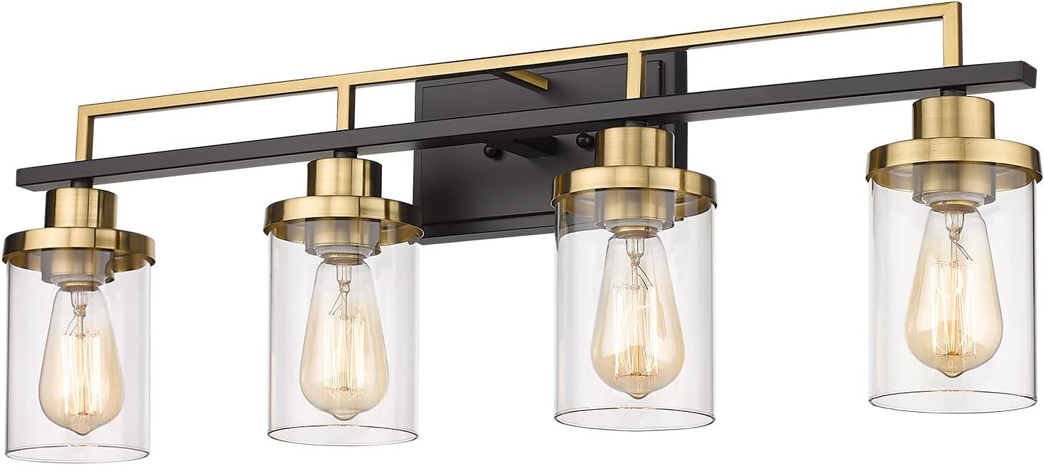 Emliviar Modern Bathroom Vanity Light - 4-Light Wall Lights for Bathroom, Black and Gold Finish with Clear Glass, YCE238B-4W BK+BG