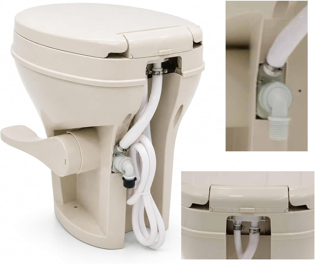 SEAFLO Residential Height Bone Camper/RV Toilet with Sprayer Attachment, 18.5' Standard Height, Gravity Flush System, Pedal Operation, Soft Close Seat, 4-Year Warranty (Bone W/Sprayer Attachment)