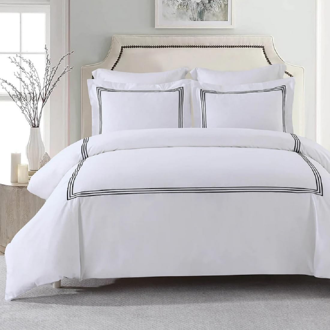 Royal Tradition 3pc Percale Duvet Cover Set (King/Calking, Black) Adeline Embroidered Comforter Cover with Pillow Shams