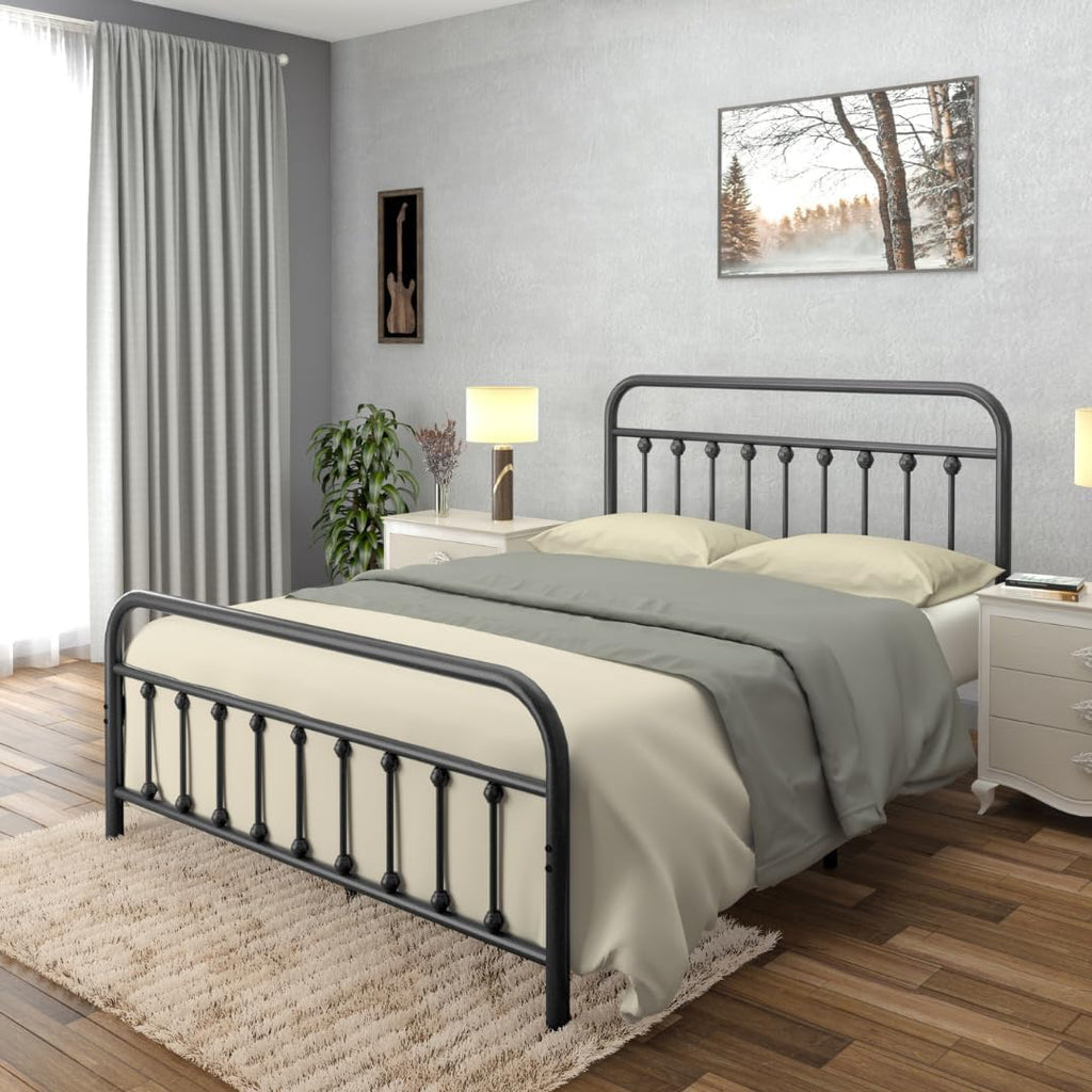 AMBEE21 Golden Gate Beds Vintage Style Metal Bed Frame with Wrought Iron Headboard and Footboard, Classic Platform Bedframe with Storage, No Box Spring Needed, Mattress Foundation, Black, Queen Size