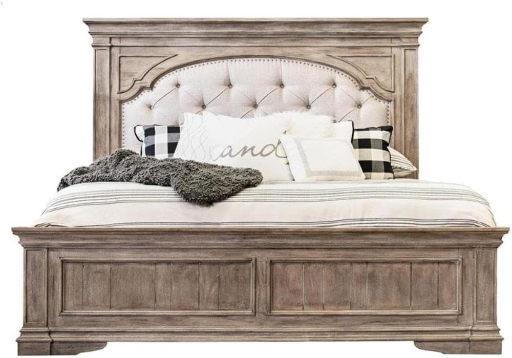 Pemberly Row Solid Wood Queen Panel Bed, Driftwood Gray Finish, Upholstered Button Tufted Headboard, Cream Fabric with Antique Brass Nail Trim, Elegant Vintage Bedroom Furniture 68' H x 67.5' W x 90'