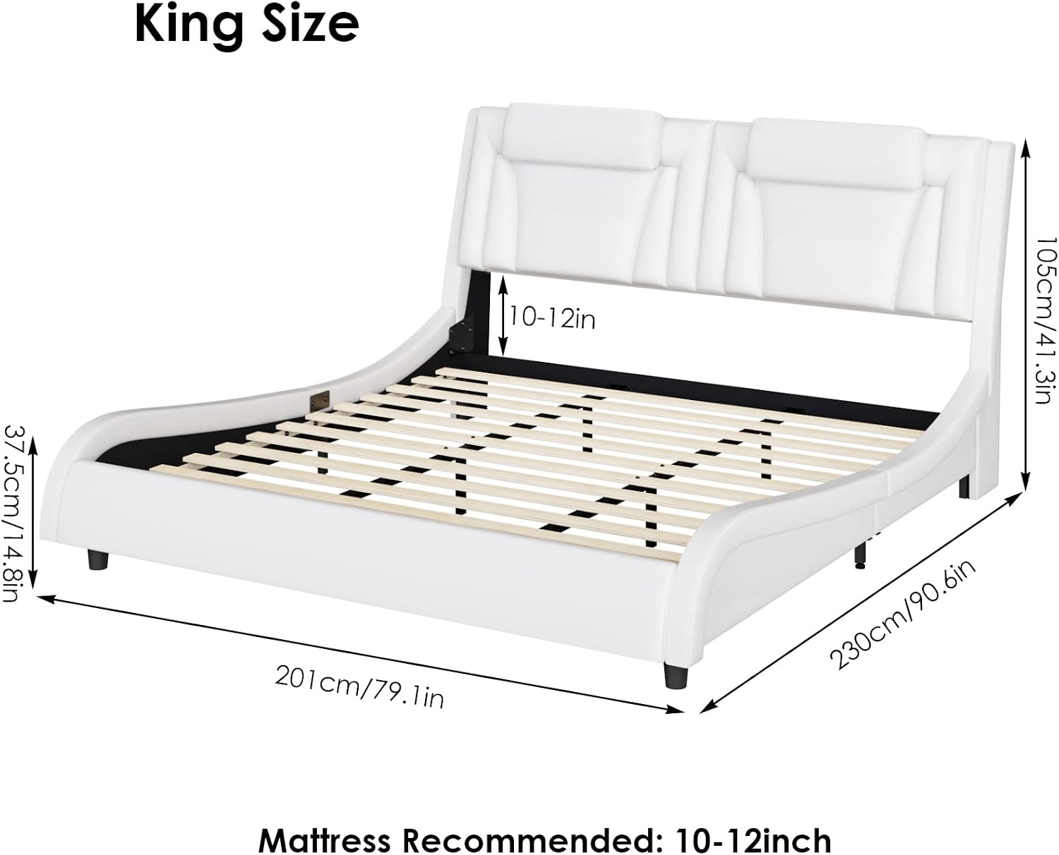 Keyluv Modern Upholstered King Bed Frame with Adjustable LED Headboard, Wave-Like Curve Design, Solid Wooden Slats Support, No Box Spring Needed, Noise Free, White