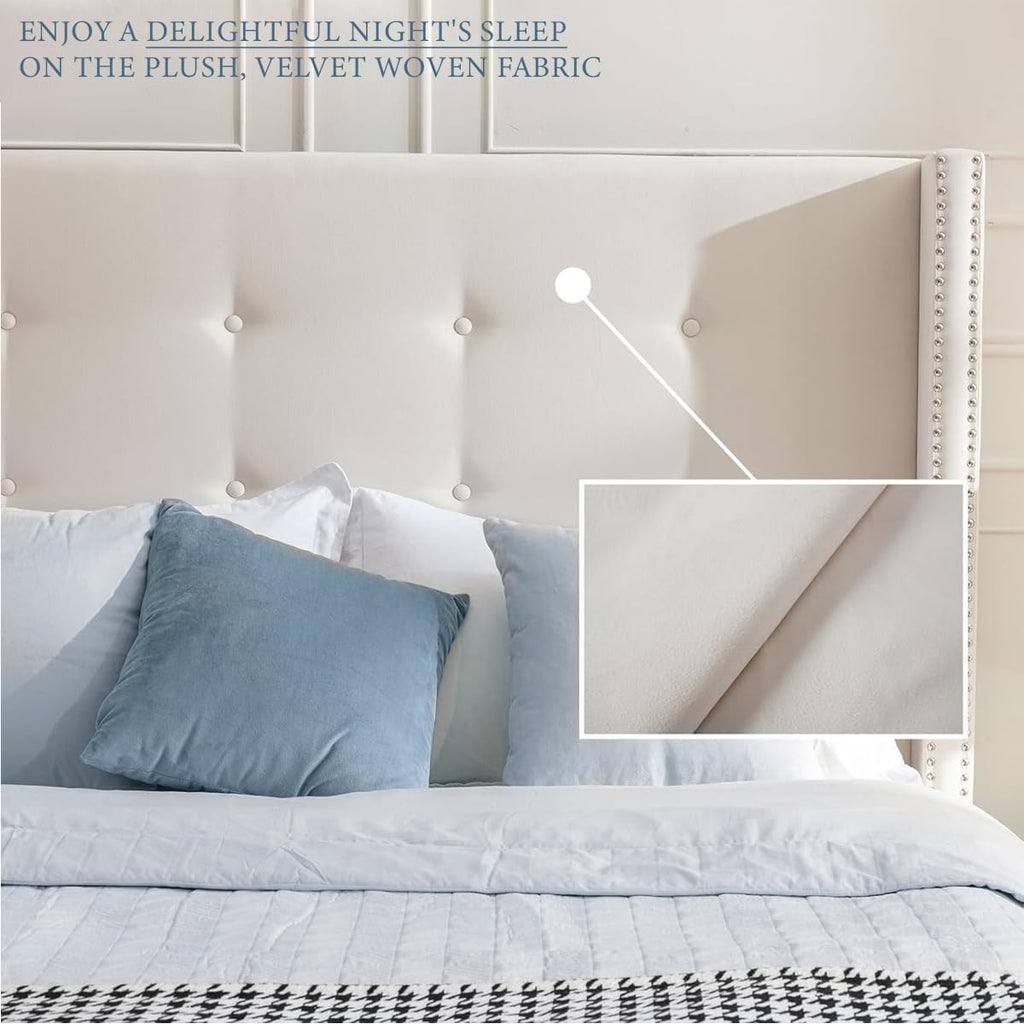 King Size Bed Frame,54'High Headboard Button Tufted Nailhead Trimmed Backrest Headboard,Velvet Metal Upholstered Platform Bed Frame,Wooden Slats Provide Strong Support,No Springs Required