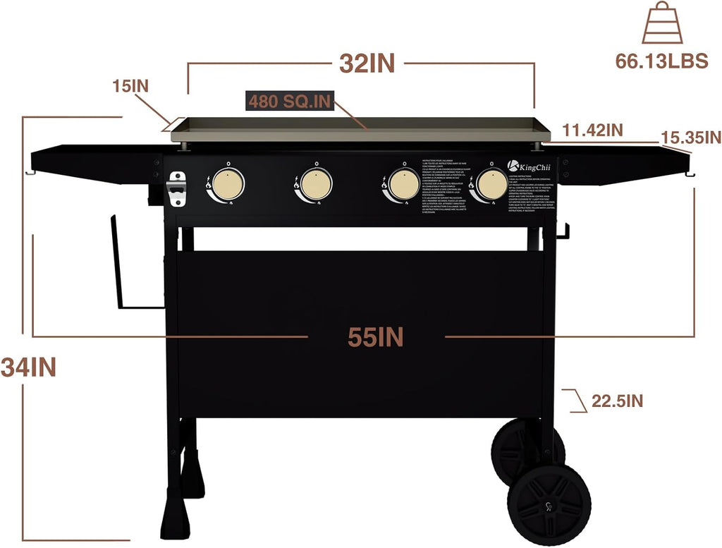 KingChii 32' 4-Burner Griddle with Integrated Protective Hood and Counter Height Side Shelves, Powder Coated Steel, for Breakfast, BBQ & Grilling w/Steel Cooking Surface,Black