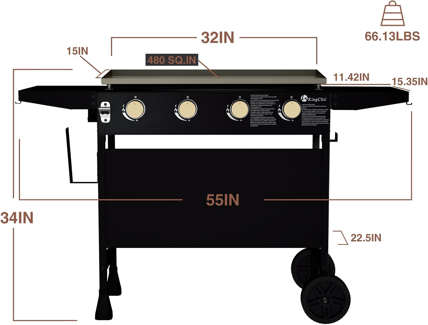 KingChii 32' 4-Burner Griddle with Counter Height Side Shelves, Powder Coated Steel, Black