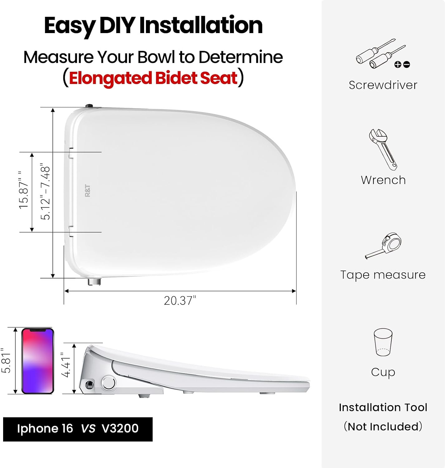 R&T V3200 Elongated Bidet Toilet Seat with Heated Seat, Instant Warm Water & Air Dry, LED Nightlight, Deodorizer - Electric Bidets with Adjustable Water Pressure, Stainless Steel Nozzle
