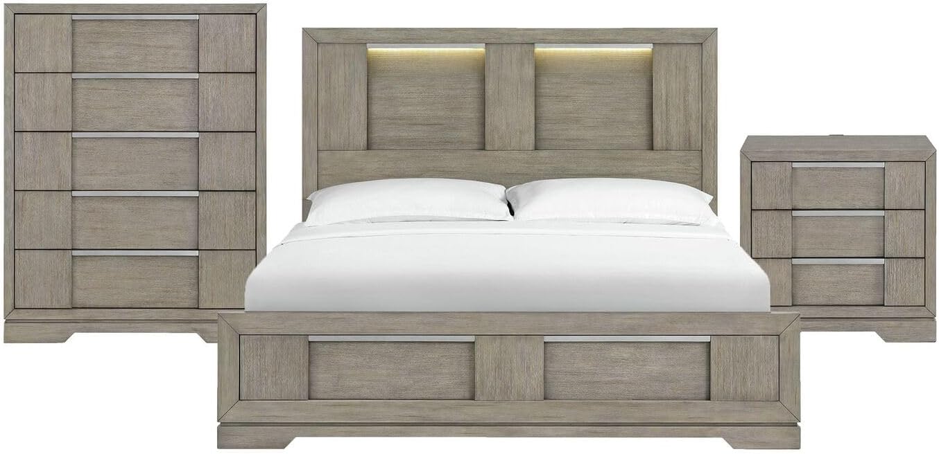 Picket House Furnishings Argo King Panel 3PC Bedroom Set with LED in Gray