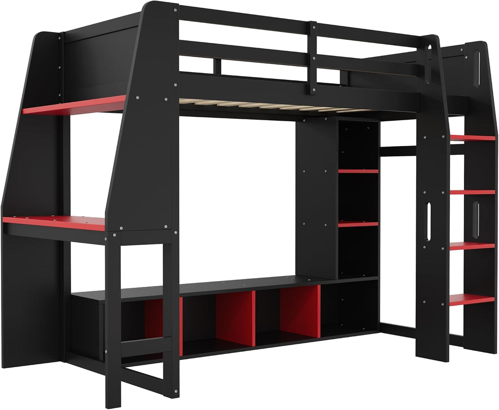 Harper & Bright Designs Twin Size Loft Bed with Gaming Desk,Storage Shelves,LED Light and Hanging Rack,Solid Wood Loft Bed Frame with Under-Bed Space,Esports Design for PC & Console Gamers,Black