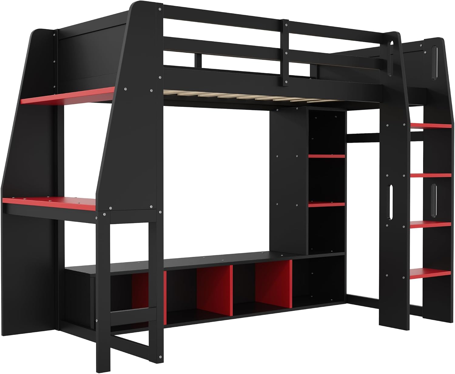 Harper & Bright Designs Twin Size Loft Bed with Gaming Desk,Storage Shelves,LED Light and Hanging Rack,Solid Wood Loft Bed Frame with Under-Bed Space,Esports Design for PC & Console Gamers,Black