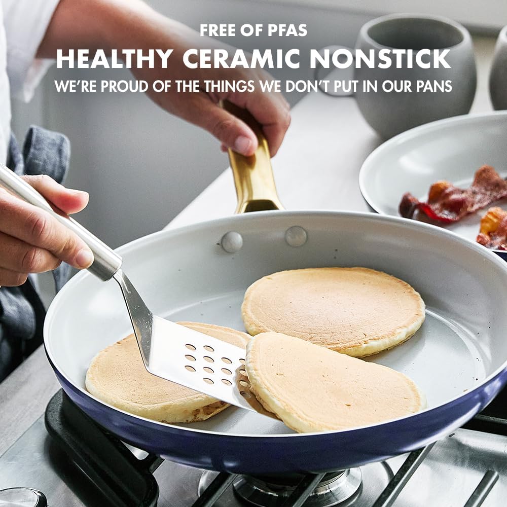 GreenPan Hard Anodized Healthy Ceramic Nonstick, 8' 10' and 12' 3 Piece Frying Pan Skillet Set, Gold Handle, PFAS-Free, Induction Suitable, Dishwasher Safe, Oven Safe, Multi Color Mix