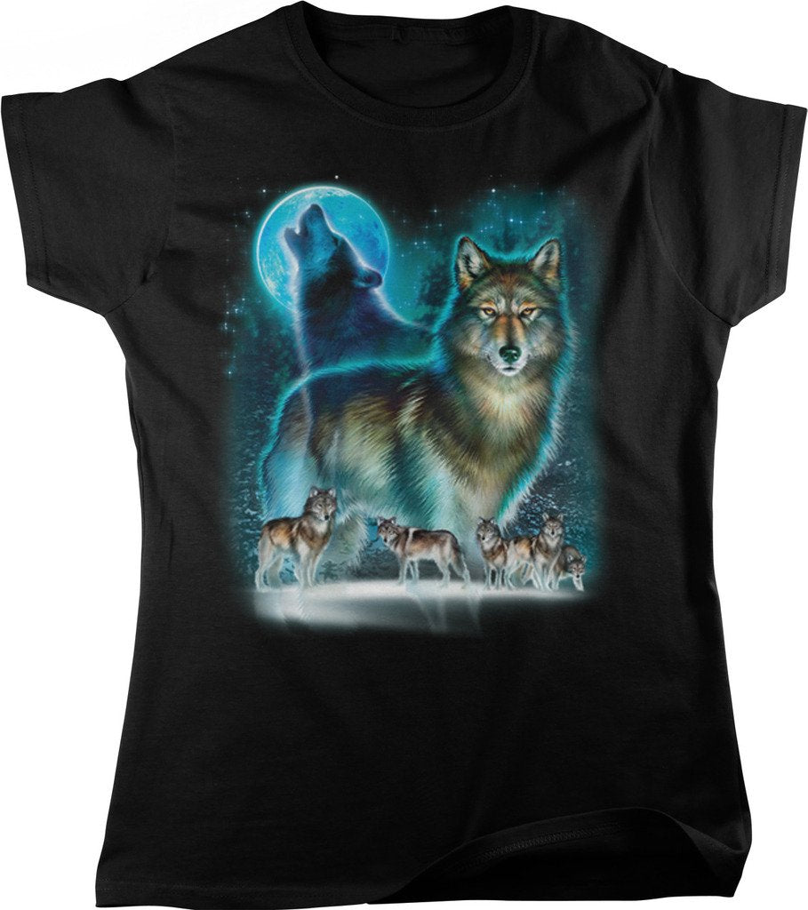 NOFO Clothing Co Wolf Moon Silhouette, Wolf Howling, Wolf Pack Women's T-Shirt, XL Black