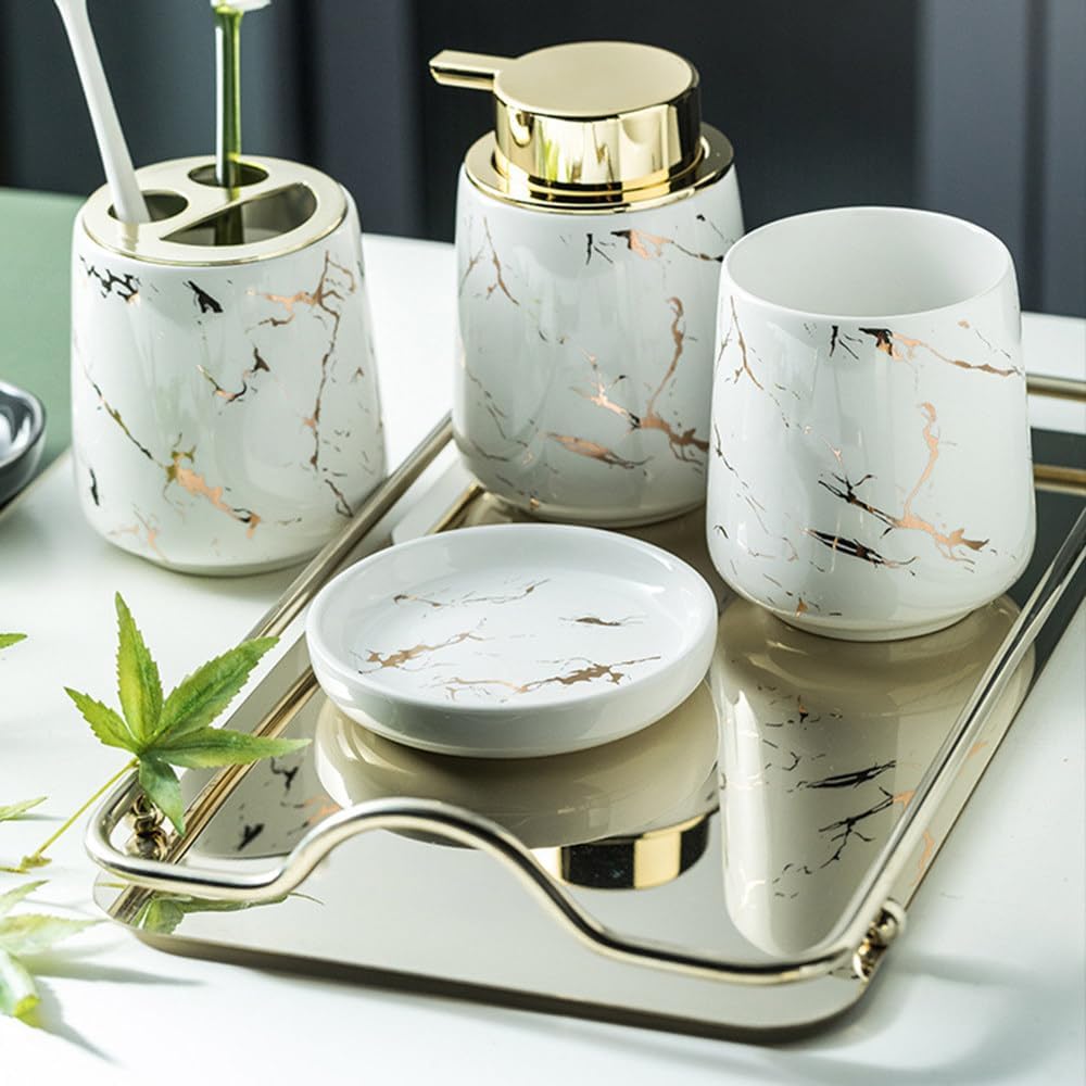 3 Pieces Ceramic Marble Bathroom Accessories Set Hand Soap Bottle Toothbrush Cup Dish Dispenser Bath Gift Black One Size (Yellow Size) (Green (White
