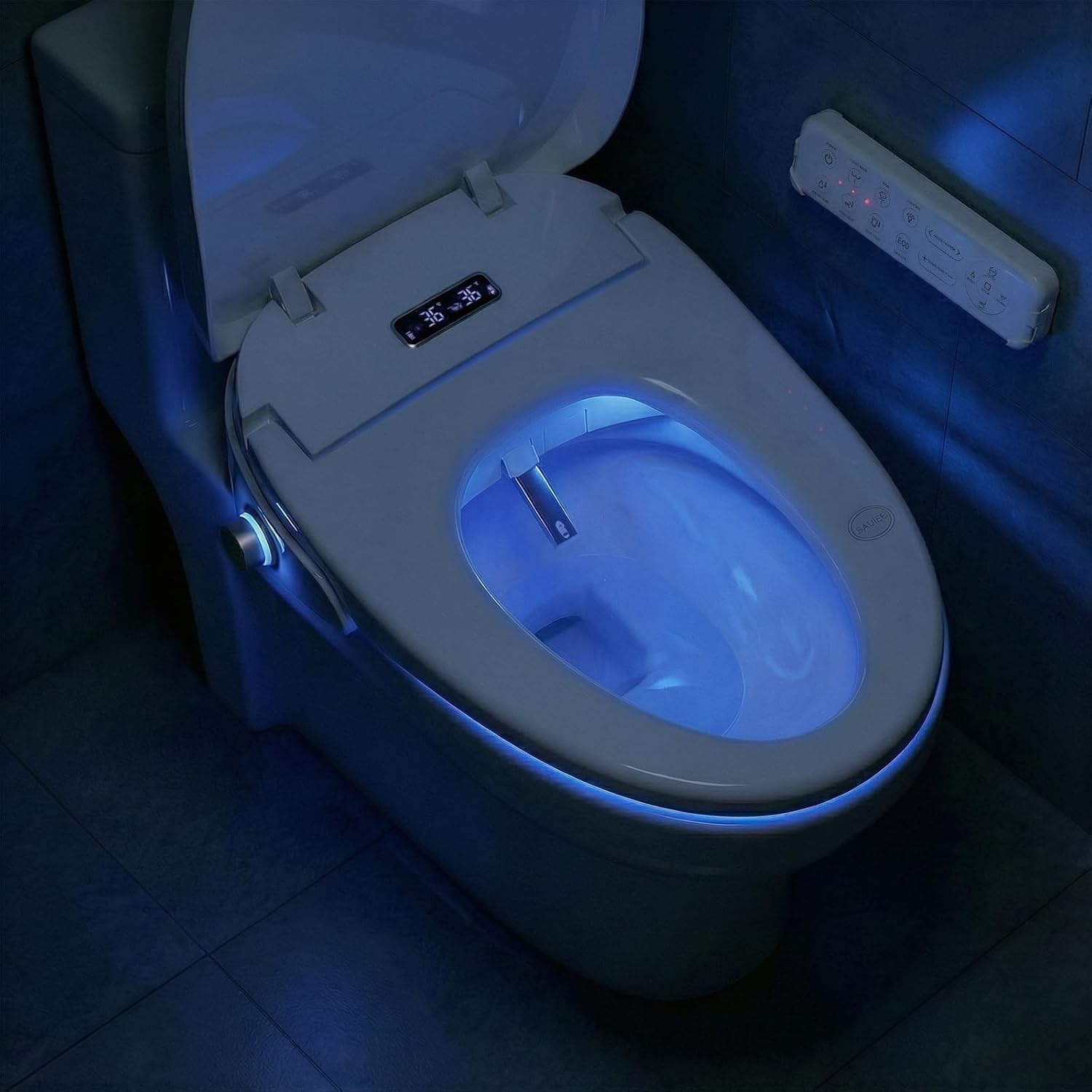 Smart Heated Toilet Seat for Elongated V-Shaped Toilets – Bidet Warm Water Wash, Self-Cleaning Nozzle, Warm Air Dryer, Deodorizer, Soft-Close Lid, LED Night Light & Remote Control, Easy Install