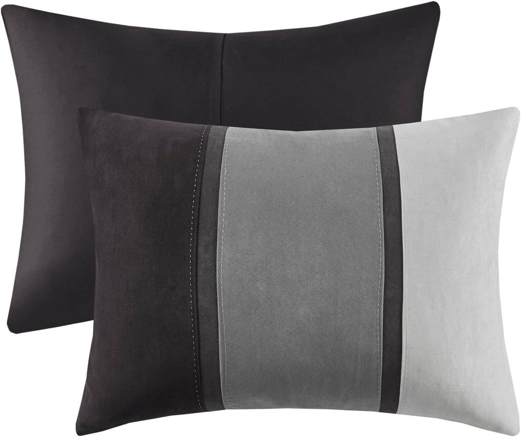 Madison Park Palisades Comforter Set Modern Faux Suede Pieced Stripe Design, All Season Down Alternative Cozy Bedding with Matching Shams, Decorative Pillows, King(104'x92'), Black 7 Piece