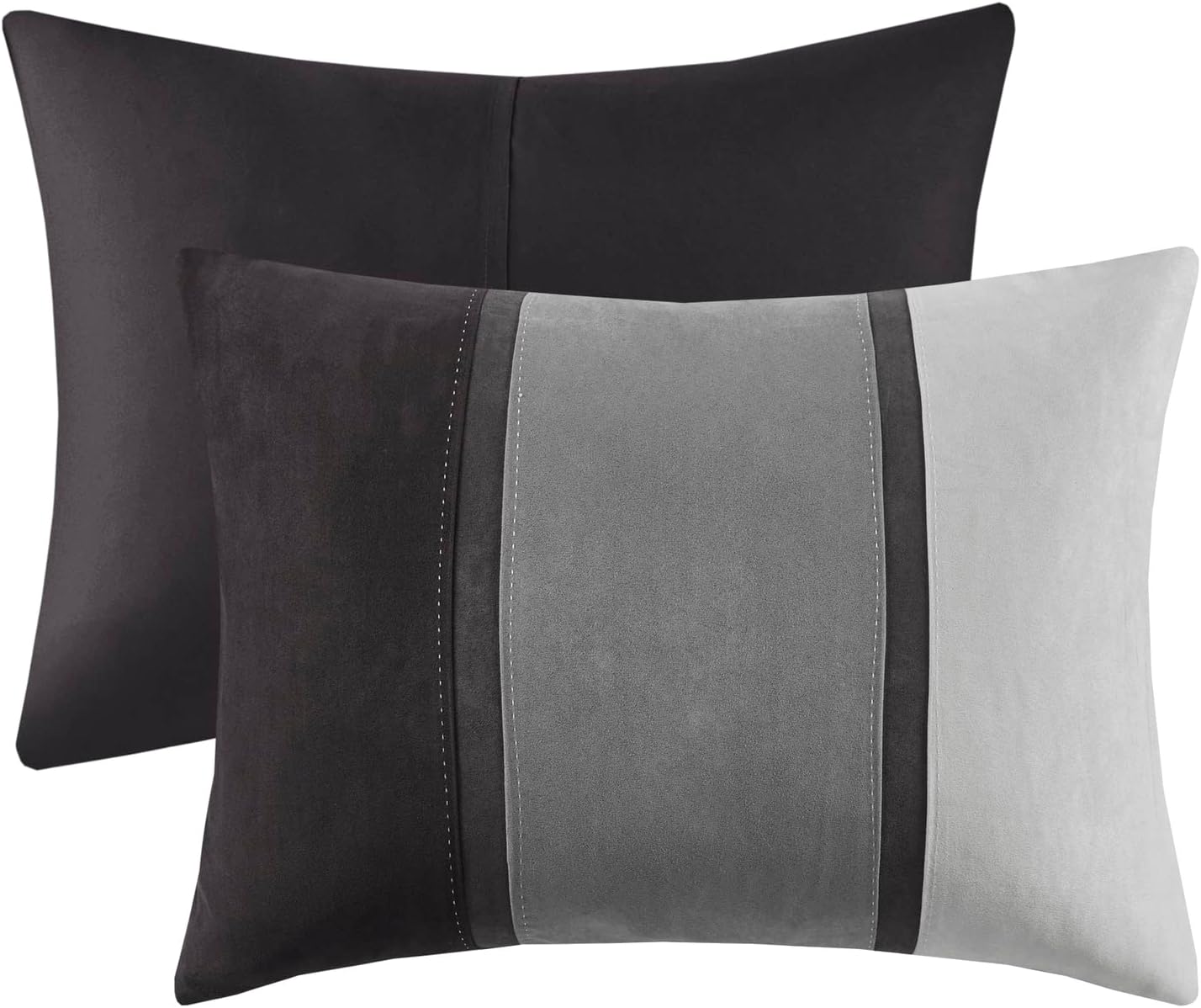 Madison Park Palisades Comforter Set Modern Faux Suede Pieced Stripe Design, All Season Down Alternative Cozy Bedding with Matching Shams, Decorative Pillows, King(104'x92'), Black 7 Piece