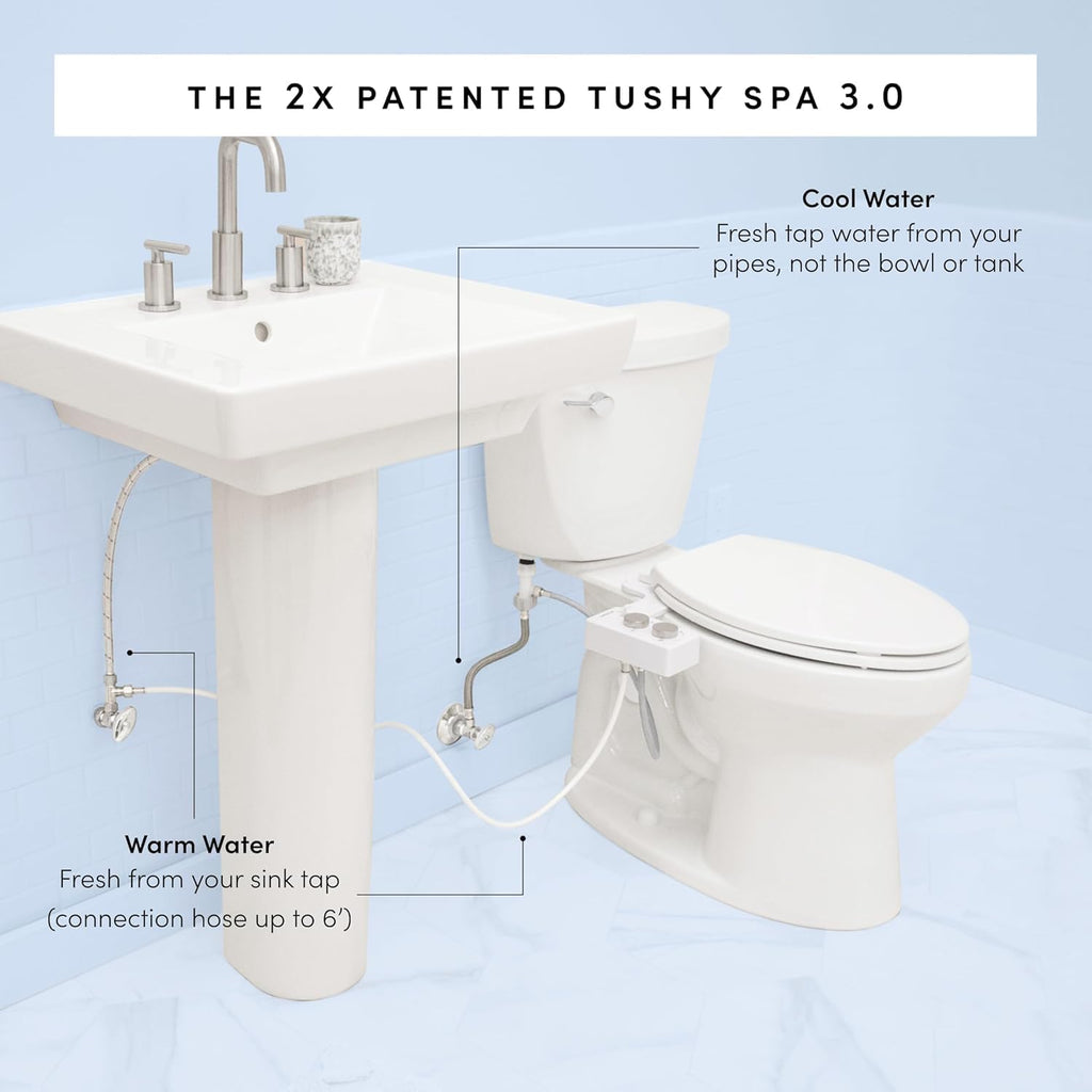 TUSHY Spa Self-Cleaning Warm Water Toilet Bidet Attachment. Adjustable Nozzle, Angle & Pressure. Easy DIY Home Install, Requires Sink Access for Optional Warm Water Control. (Biscuit/Brushed Nickel)