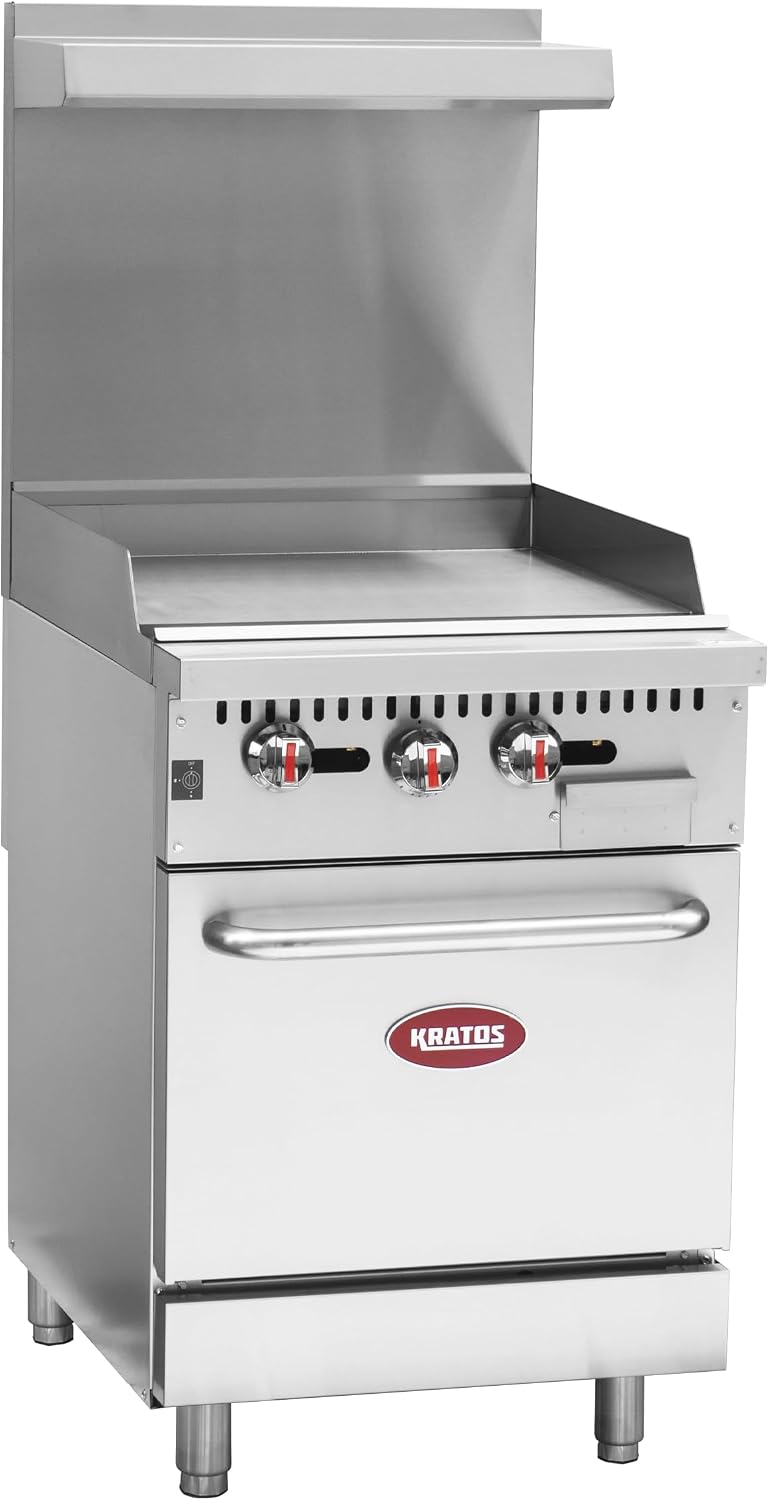 Kratos 24' Wide Commercial Gas Range with Griddle Top and 30,000 BTU Oven, Stainless Steel Griddle for Restaurants, Natural Gas