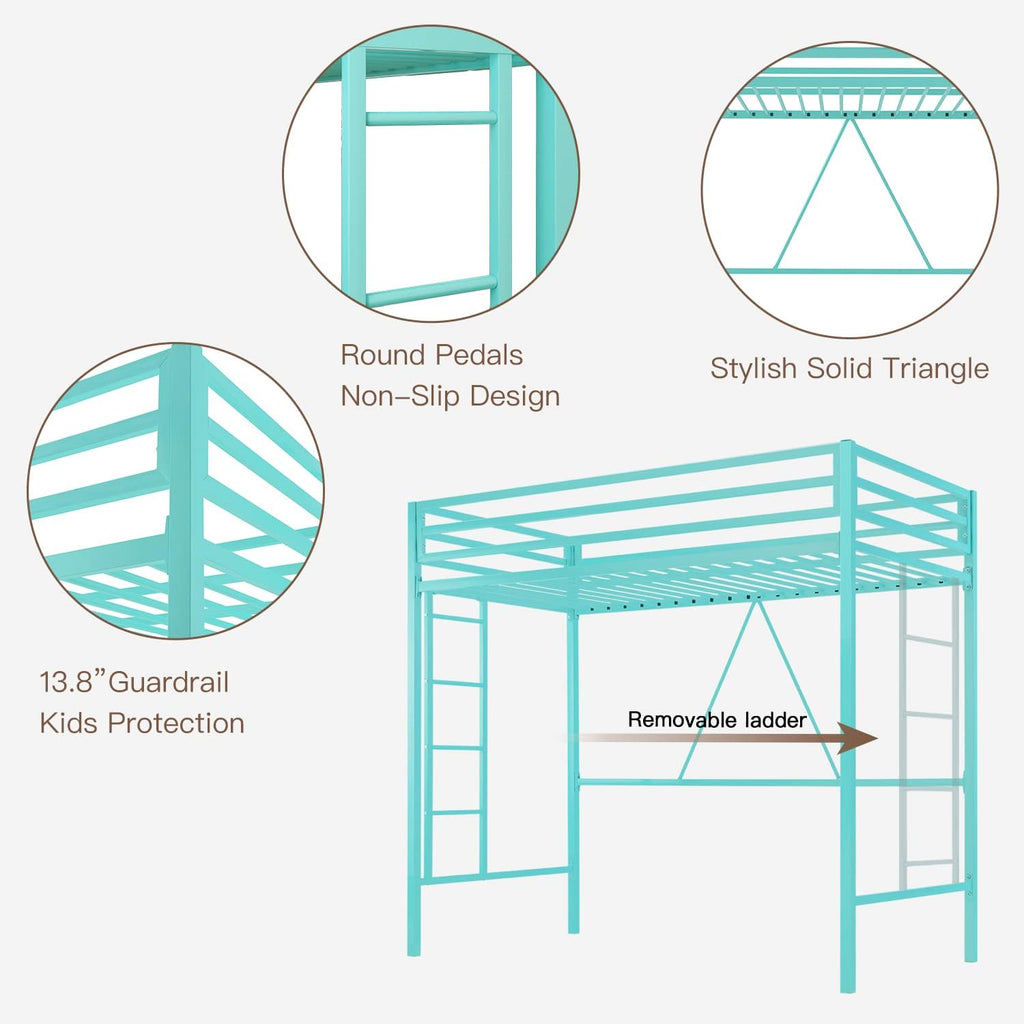 ikalido Metal Loft Bed Twin Size with Safety Guardrail and Ladder, No Box Spring Needed Space Saving Bedroom Furniture, Aqua Green