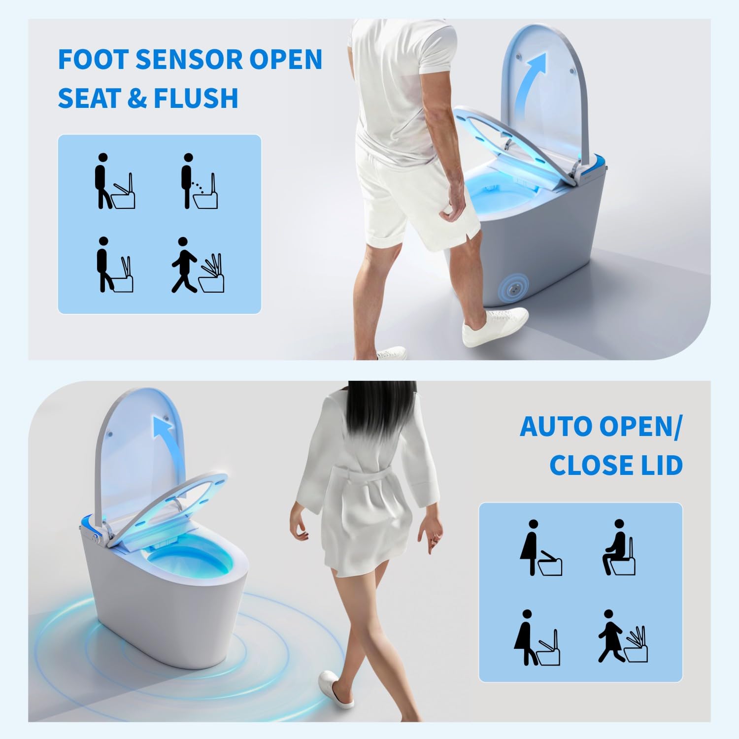 Smart Toilet with Powerful Flush, Auto Open/Close Lid, Foot Sensor,One Piece Toilet with Elongated Heated Seat,Foam Shield,Soft Close, Tankless Toilet with Fahrenheit Temp Display, Night Light.