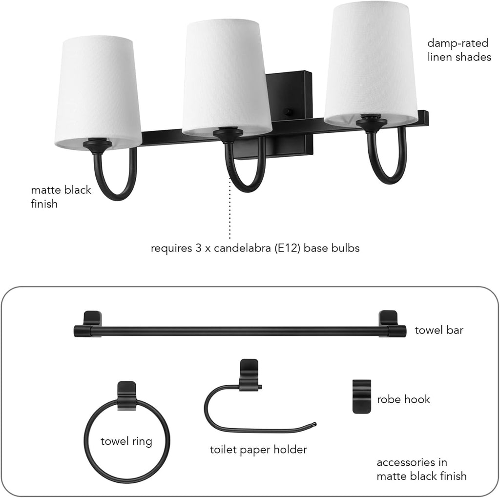 Globe Electric 63000206 5-Piece All-in-One Bathroom Set, 3-Light Vanity Light, Matte Black, Linen Shades, Towel Bar, Robe Hook, Toilet Paper Holder, Towel Ring, Bathroom Lights Over Mirror